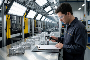 Fototapeta premium Quality control engineer inspecting metal parts with digital caliper in modern factory