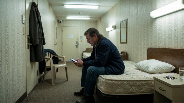 Lonely man sitting on bed in motel room looking at smartphone