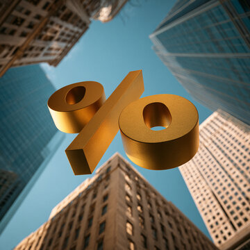 Gold percentage symbol finance interest bank skyscraper city business investment above downtown high rise building under blue sky low angle view