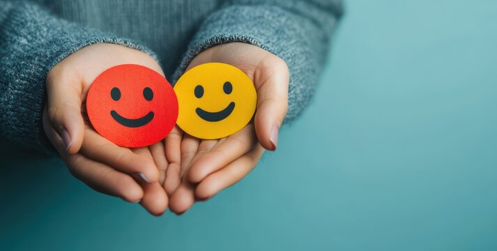 Cupped hands in a gray sweater holding two round paper smiley faces, one red and one yellow, conveying warmth, shared happiness and supportive friendly emotion