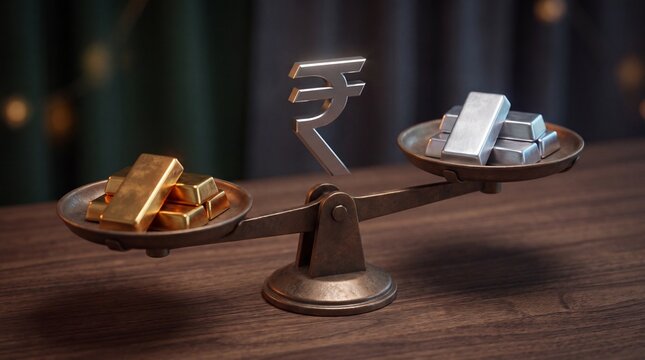 Gold and silver bars on a balance scale with Indian Rupee symbol for financial market analysis.