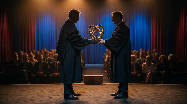 Researchers exchange trophies in a citation ceremony
