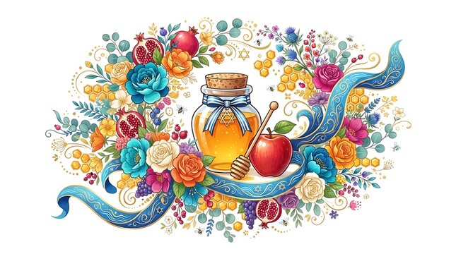 Rosh hashanah festive illustration with honey jar, apple, pomegranate, and flowers isolated on white background