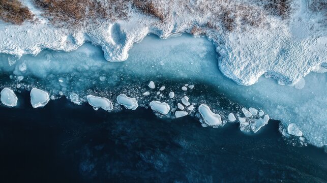 aerial view of icy shoreline with snow-covered bank and scattered ice floes over dark cold water, calm serene winter solitude