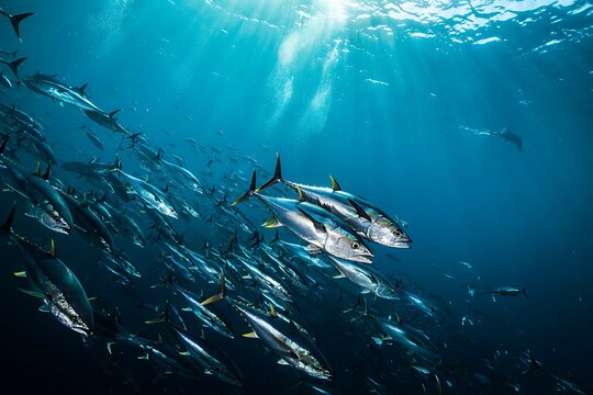 Large School of Silver Tuna Fish Swimming Together in Clear Blue Ocean Water with Sunlight Beams