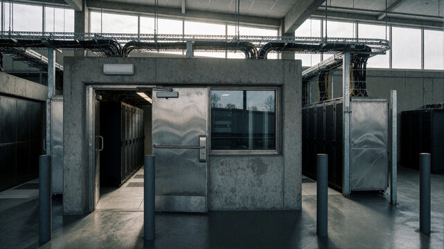 Secure Server Room Entrance with Concrete Walls and Cable Trays