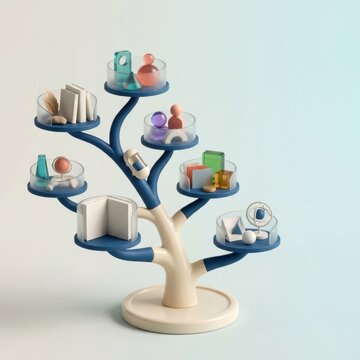 3D rendered tree structure with educational icons for inclusive learning and literacy