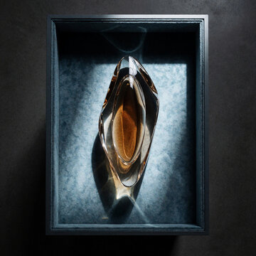 Abstract glass sculpture in a dark frame with dramatic lighting