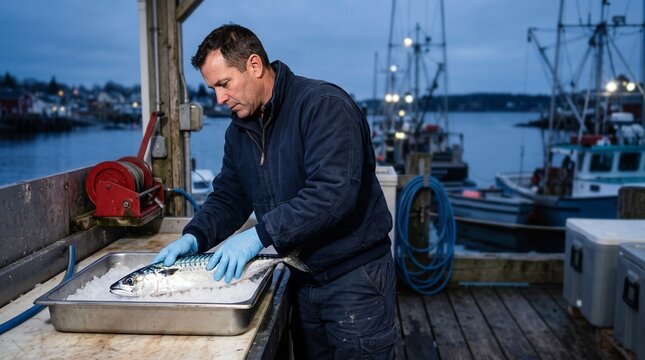 Seafood buyer inspects fish at a dock receiving station