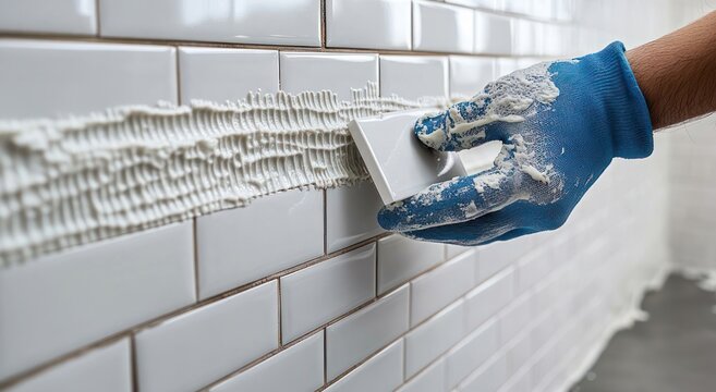 Close-up of a gloved hand applying white grout with a grout float to glossy rectangular subway tiles, meticulous smooth motion conveying focus and satisfaction during tile installation