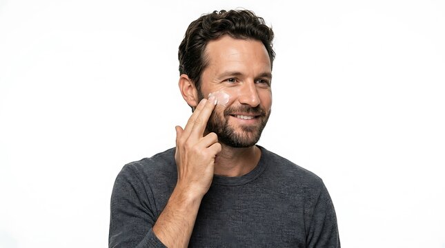 Handsome smiling man applying moisturizing cream on his face for daily skincare routine at home to keep his skin healthy and hydrated looking fresh and clean every day