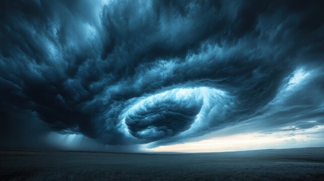 Ominous swirling storm vortex over empty flat field with dramatic dark clouds and a distant strip of light, conveying awe and foreboding