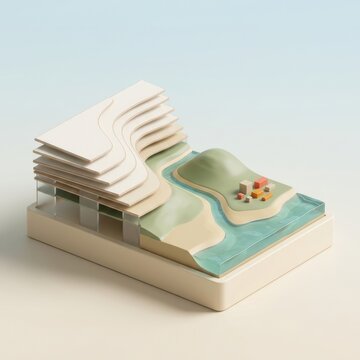 3D model of modern building integrated with topography and river landscape