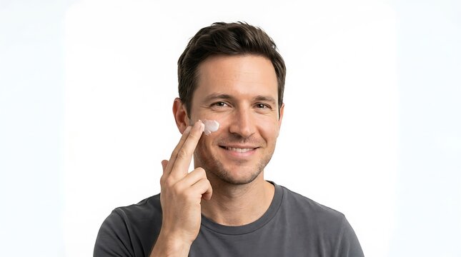 Smiling man applying moisturizing cream on his face for daily skin care routine to maintain healthy and clear skin complexion in a simple studio portrait photography shot