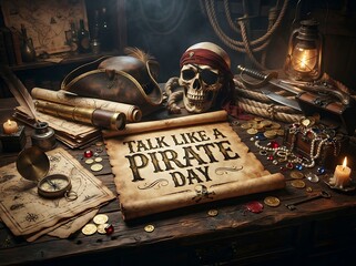 Naklejka premium Talk like a pirate day theme with skull and treasure
