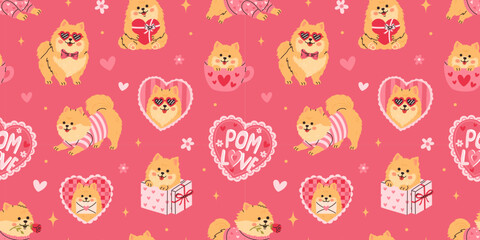 A seamless pattern featuring Pomeranian dogs, hearts, gifts, and romantic elements. Perfect for textile printing, packaging, and wallpaper.