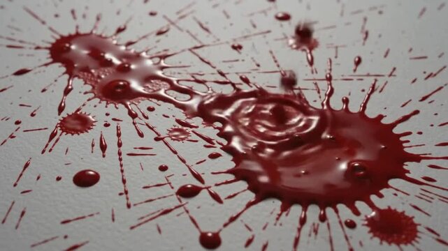 Dark Red Blood Splatter Spreading Across Clean White Surface Background