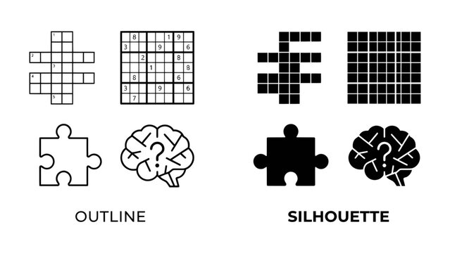 Brain Teasers and Puzzles: A collection of outline and silhouette icons representing various logic puzzles, including crossword, Sudoku, jigsaw puzzles, and a stylized brain with a question mark.