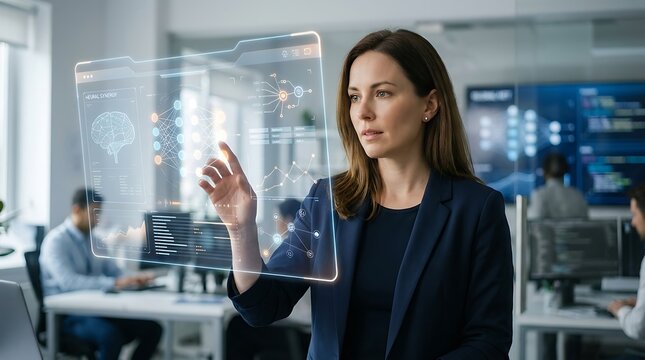 Professional woman working with a transparent digital glass tablet in a modern corporate office environment with colleagues working in the background during a busy workday