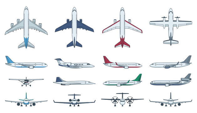  Airplane and Commercial Jet Vector Icon Set with Passenger Planes, Private Jets, and Propeller Aircraft from Top, Side, and Front Views (21 words)