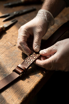 Leatherworker hands in gloves working on leather belt with brass studs