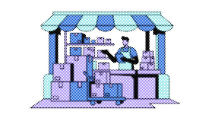 Naklejka premium Marketplace seller at colorful storefront with goods and awning