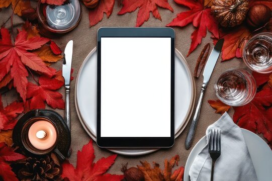 blank tablet on a dinner plate surrounded by red autumn leaves, cutlery, glasses, candle, small pumpkin and pine cones creating a warm inviting fall table setting