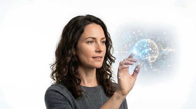 Professional woman touching a glowing digital hologram interface with her finger while looking at the data icons in a modern office environment for business growth concept