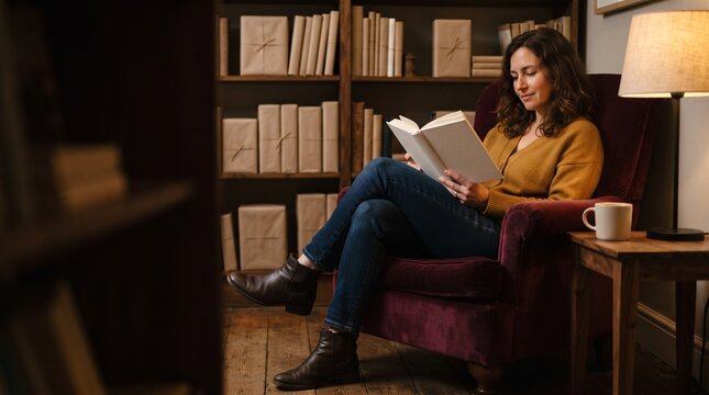 Reader unwinds in a bookshop reading corner