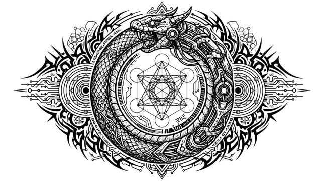 Cybernetic snake biting its tail, a complex geometric tattoo design with intricate patterns