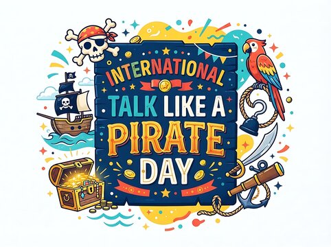 International talk like a pirate day illustration with a treasure chest, pirate ship, parrot, and skull isolated on white background