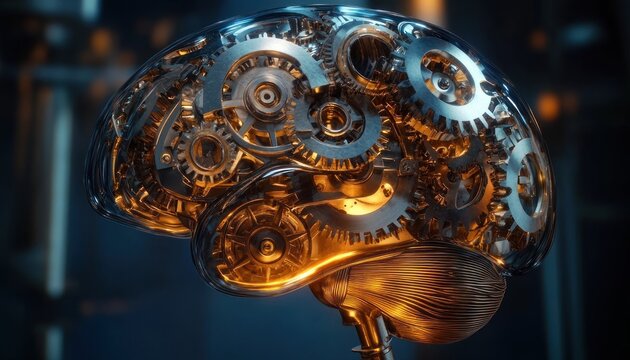 Transparent mechanical brain filled with intricate metallic gears and cogs, glowing with warm light against a cool blue background, futuristic and awe-inspiring engineered cognition