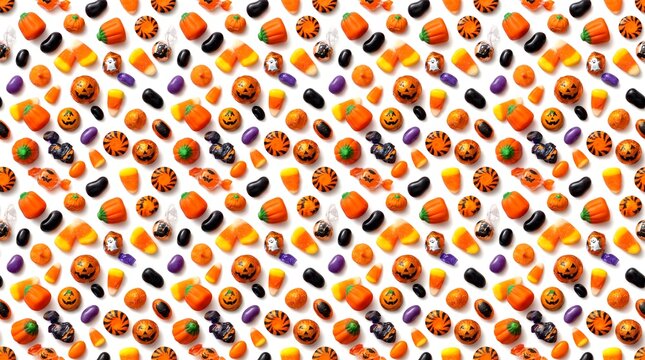Festive Halloween candy flat lay pattern featuring candy corn chocolate pumpkins and jelly beans on white background for holiday design