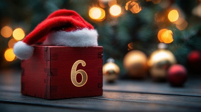 Red wooden countdown block numbered 6 topped with a red holiday hat, gold and red baubles and warm bokeh lights, cozy festive anticipation