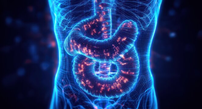 futuristic glowing 3d visualization of a human torso with illuminated intestines and radiant nodes suggesting microbial or electrical activity, clinical scientific mood