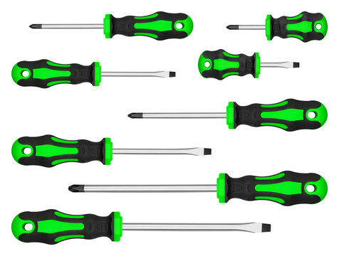 Assorted flathead and phillips Green screwdriver kit with magnetic tips. Premium hardware tool collection template for online store catalog and copy space