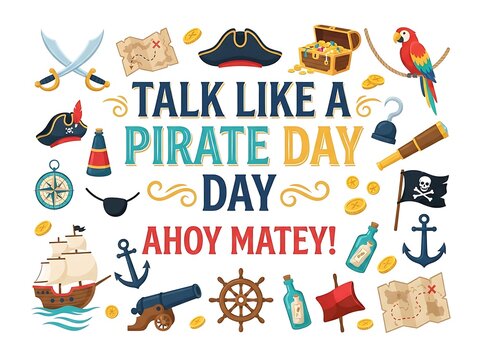 Talk like a pirate day greeting card with pirate accessories and symbols isolated on white background