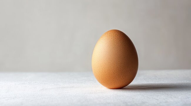 single brown egg standing upright on white cloth with soft shadow and neutral background, minimalist calm and fragile still life