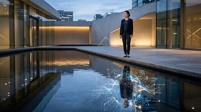 Professional woman in business suit standing near modern building with reflection in water pool at night