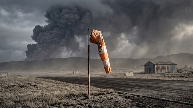 Ash-covered windsock at a rural runway under dark skies