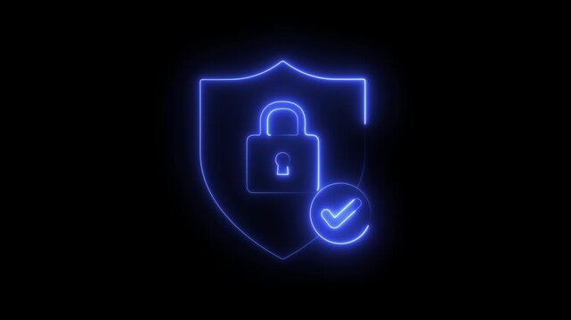 Neon cyber security shield with padlock and checkmark animation for data protection and digital privacy concepts  4K video motion