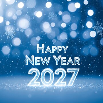 Happy new year 2027 icy frosted text with snowflakes and blue bokeh