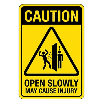 Caution sign warning to open slowly to avoid potential injury