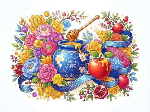 Rosh hashanah greeting card illustration with honey jar, apple, pomegranates, and flowers isolated on white background