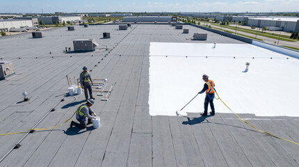Fototapeta premium Roof crew prepares reflective coating on a commercial roof