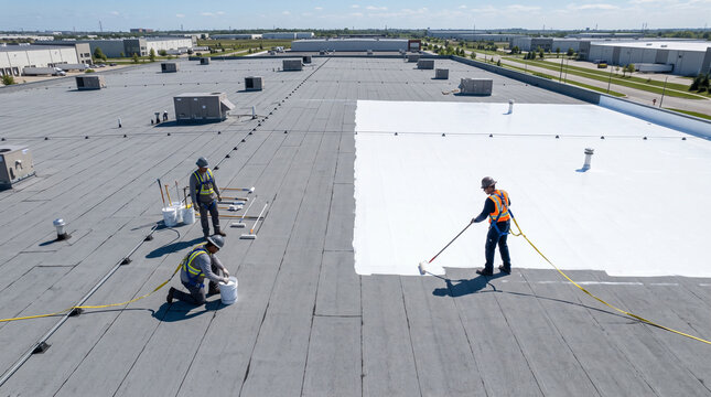 Roof crew prepares reflective coating on a commercial roof