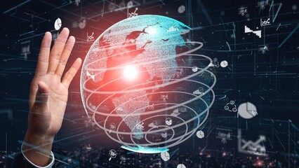 Fototapeta premium A dynamic representation of a hand interacting with a digital globe surrounded by data charts, symbolizing the fusion of technology and global connectivity for business growth. Xenic