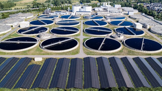 Aerial view of a large wastewater treatment plant featuring numerous circular sedimentation tanks and extensive solar panel arrays in Delft, South Holland, Netherlands.