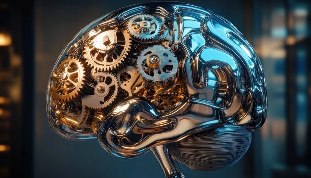 polished metallic human brain model with exposed golden gears and gleaming chrome surfaces, evoking futuristic intelligence and mechanical precision