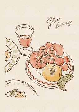 Hand-drawn Slow Living poster featuring a wine glass, ripe tomatoes on the vine, and basil leaves on textured paper. Rustic kitchen art for print collections and gallery displays.